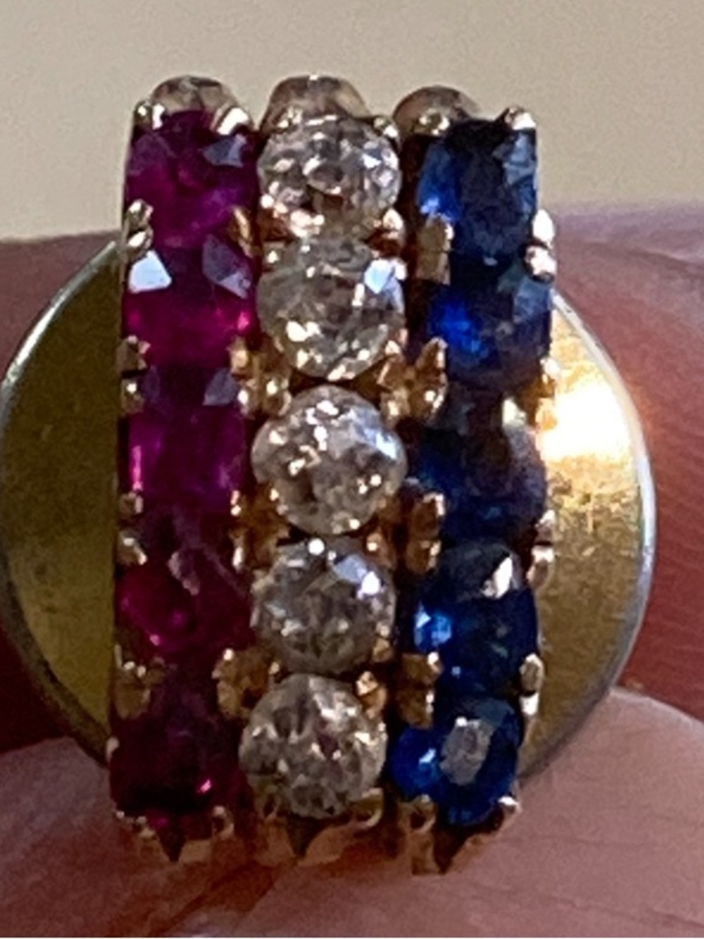 Antique 14k Gold Sapphire Diamond Ruby Three-Row Brooch